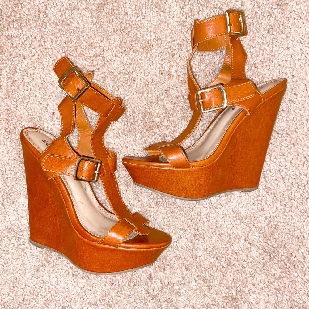 Cognac brown strappy platform wedge heel sandals